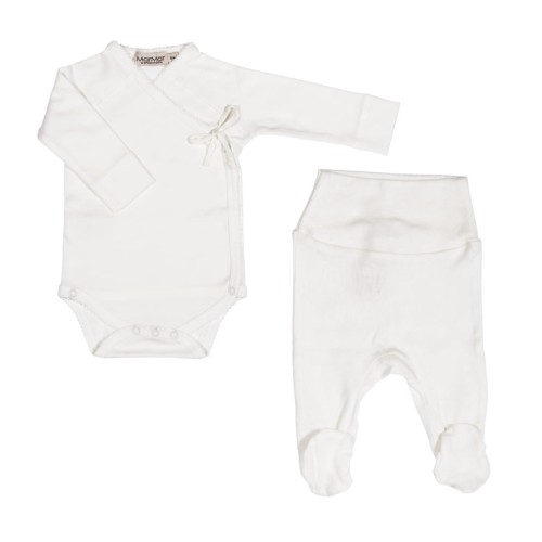Legginsy i body kopertowe w kolorze białym (Gentle White) z zestawu prezentowego dla noworodka w rozmiarze 56
