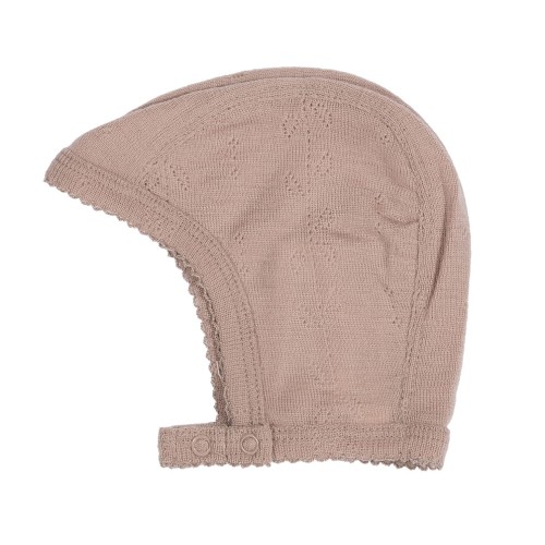 Czapeczka niemowlęca 100% wełna Merino Burnt Rose - strona lewa