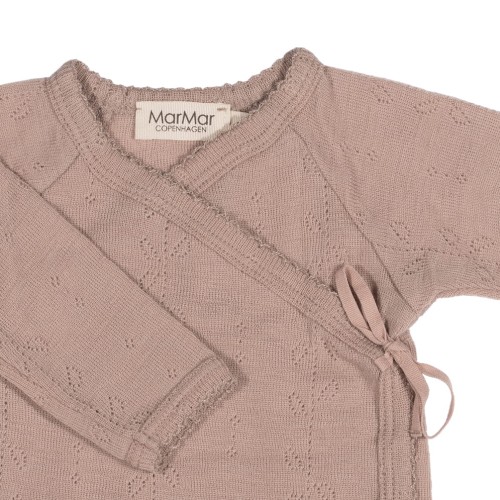 Zbliżenie na body kopertowe z długim rękawem 100% wełna Merino Burnt rose