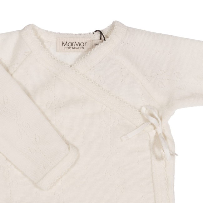 Zbliżenie na body kopertowe z długim rękawem 100% wełna Merino Natural