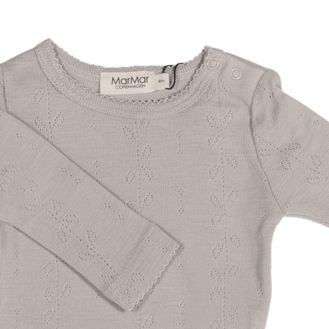 Zbliżenie na body z długim rękawem 100% wełna Merino Soft Dove