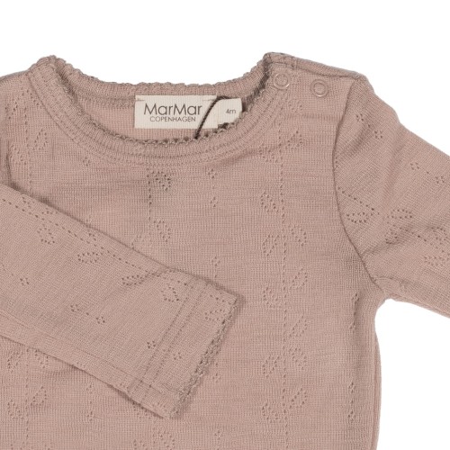 Zbliżenie na body z długim rękawem 100% wełna Merino Burnt Rose
