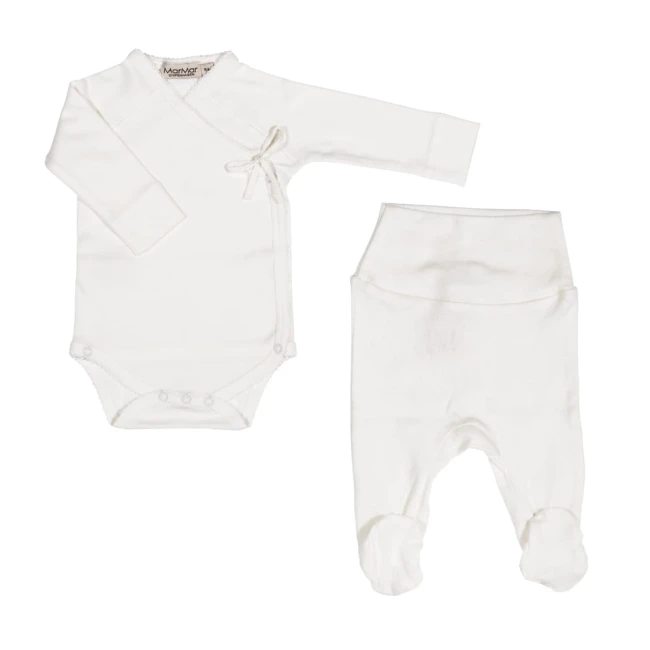 Legginsy i body kopertowe w kolorze białym (Gentle White) z zestawu prezentowego dla niemowlaka w rozmiarze 62